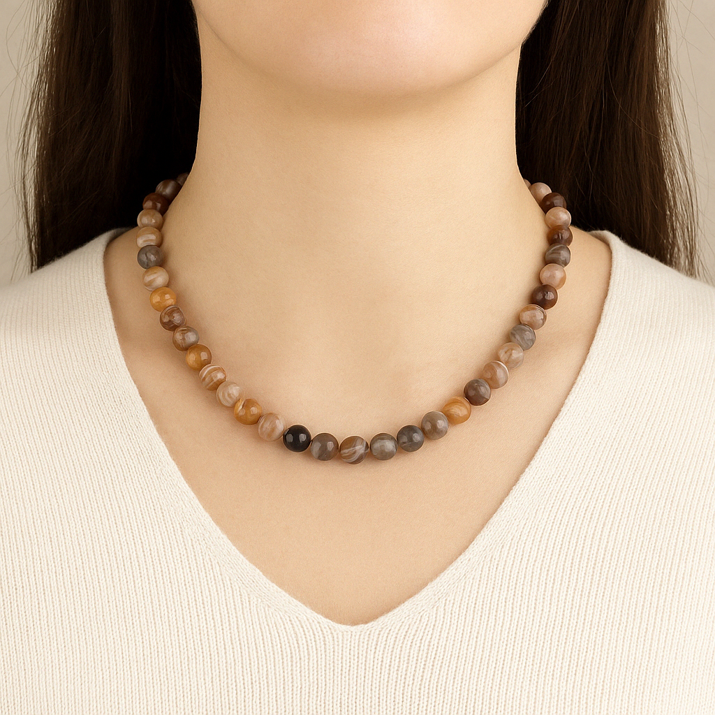 Laboratory Certified Brown Eye Agate 8 mm Natural Stone Necklace