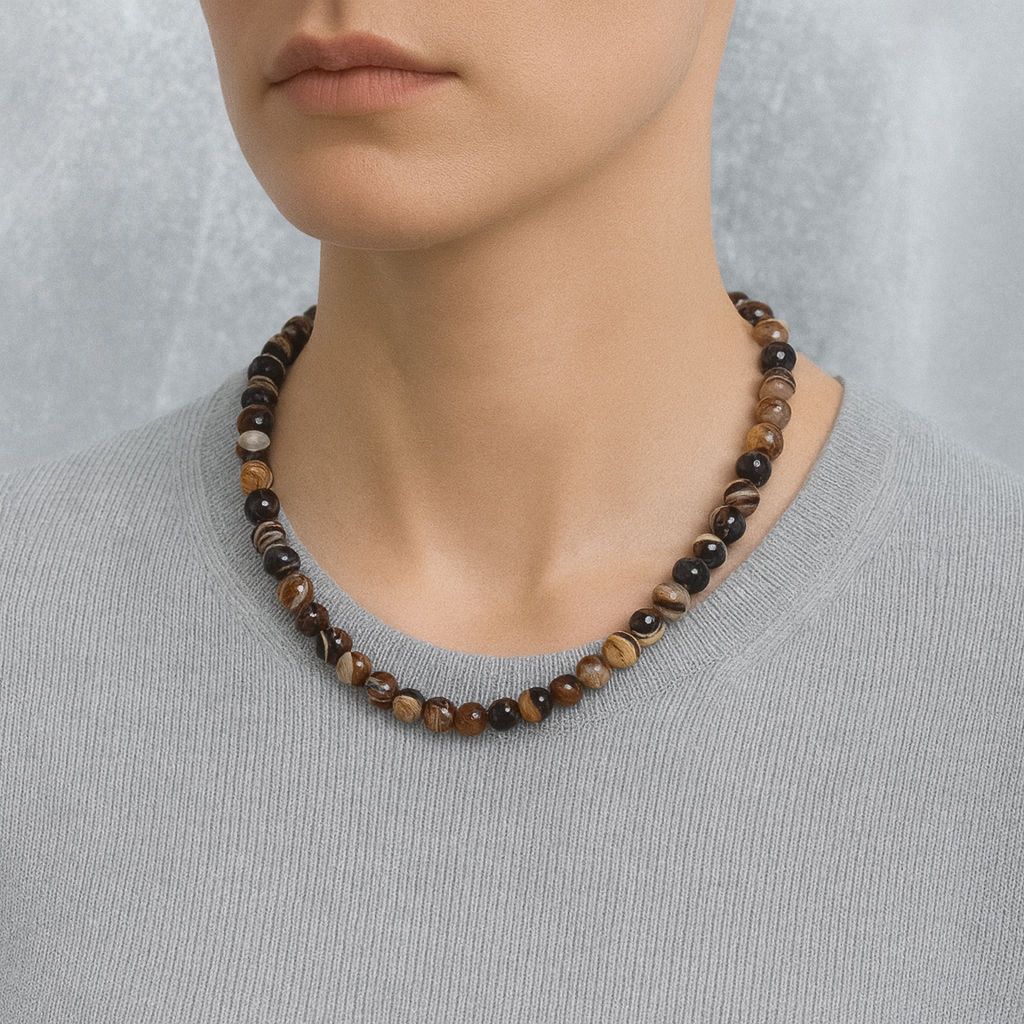 Laboratory Certified Brown Eye Agate 8 mm Natural Stone Necklace