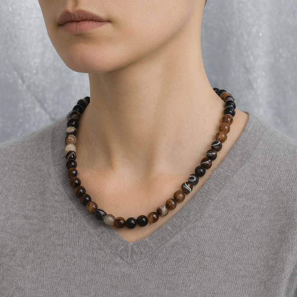 Laboratory Certified Brown Eye Agate 8 mm Natural Stone Necklace