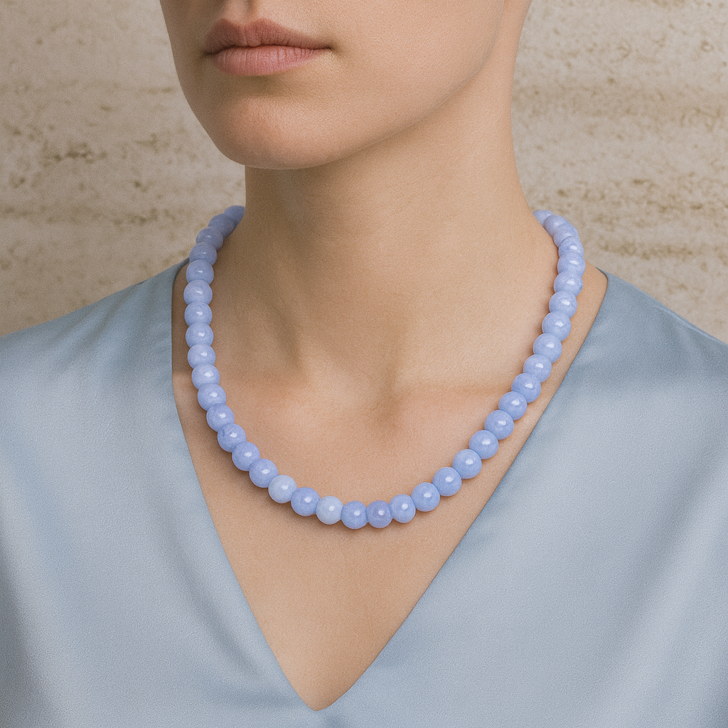 Laboratory Certified Chalcedony 8 mm Natural Stone Necklace