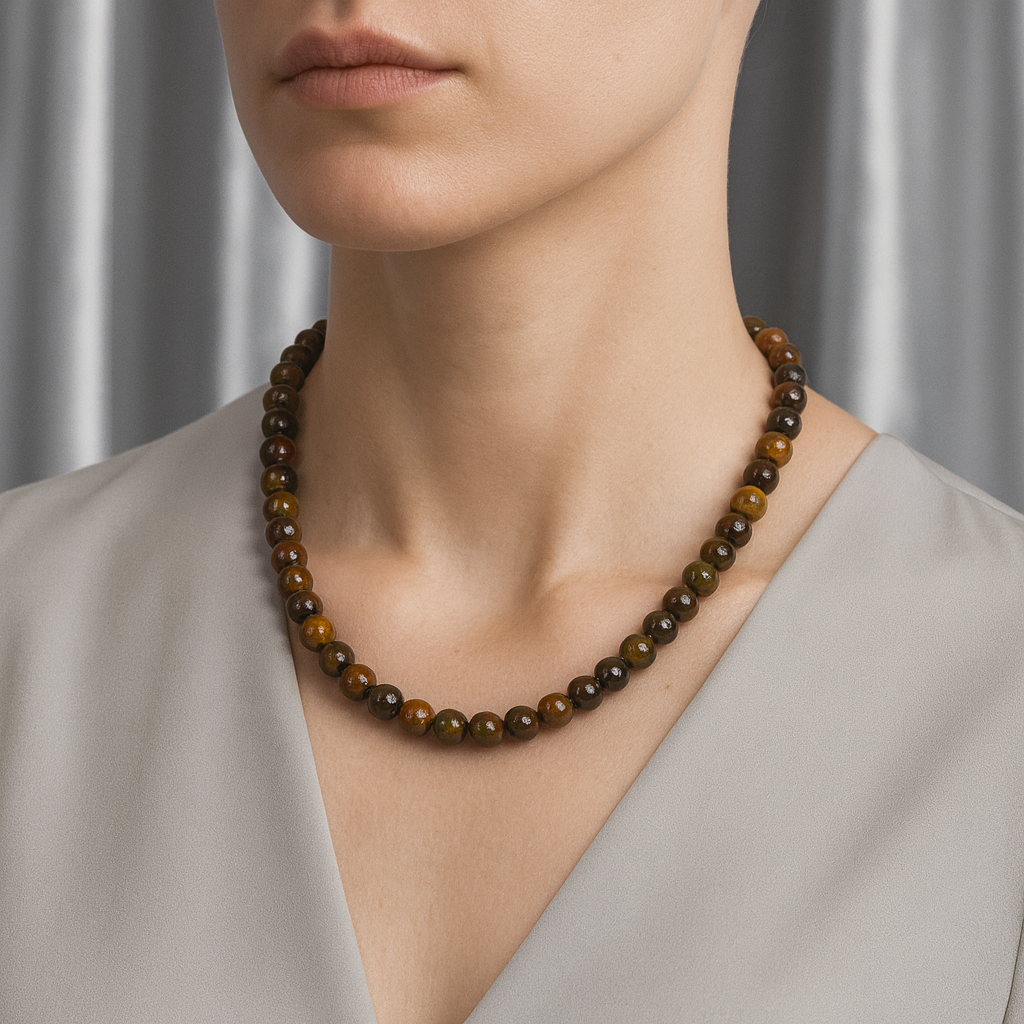 Laboratory Certified Tiger’s Eye 8 mm Natural Stone Necklace