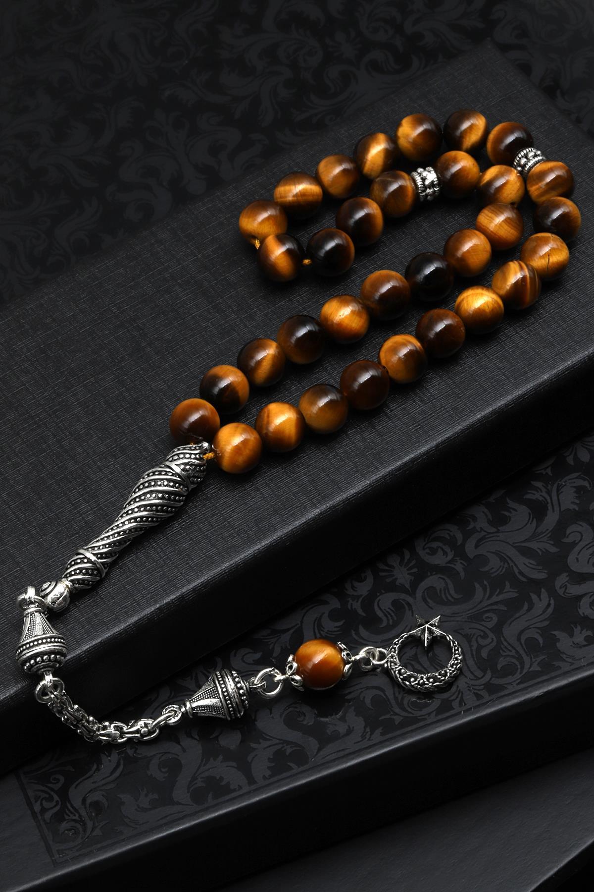 Laboratory Certified Tiger’s Eye Natural Stone Prayer Beads 925 Sterling Silver 8 mm Round Bead Cut (33 Beads)