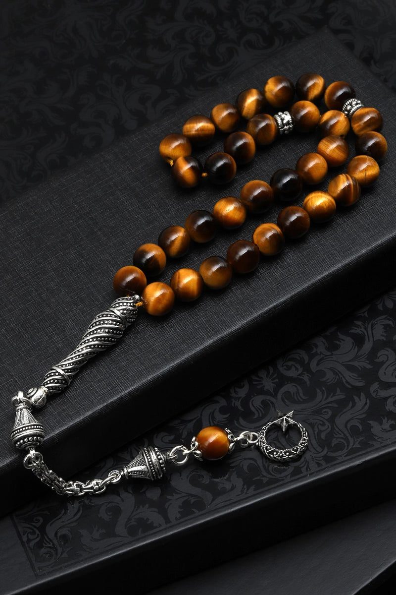 Laboratory Certified Tiger’s Eye Natural Stone Prayer Beads 925 Sterling Silver 8 mm Round Bead Cut (33 Beads)
