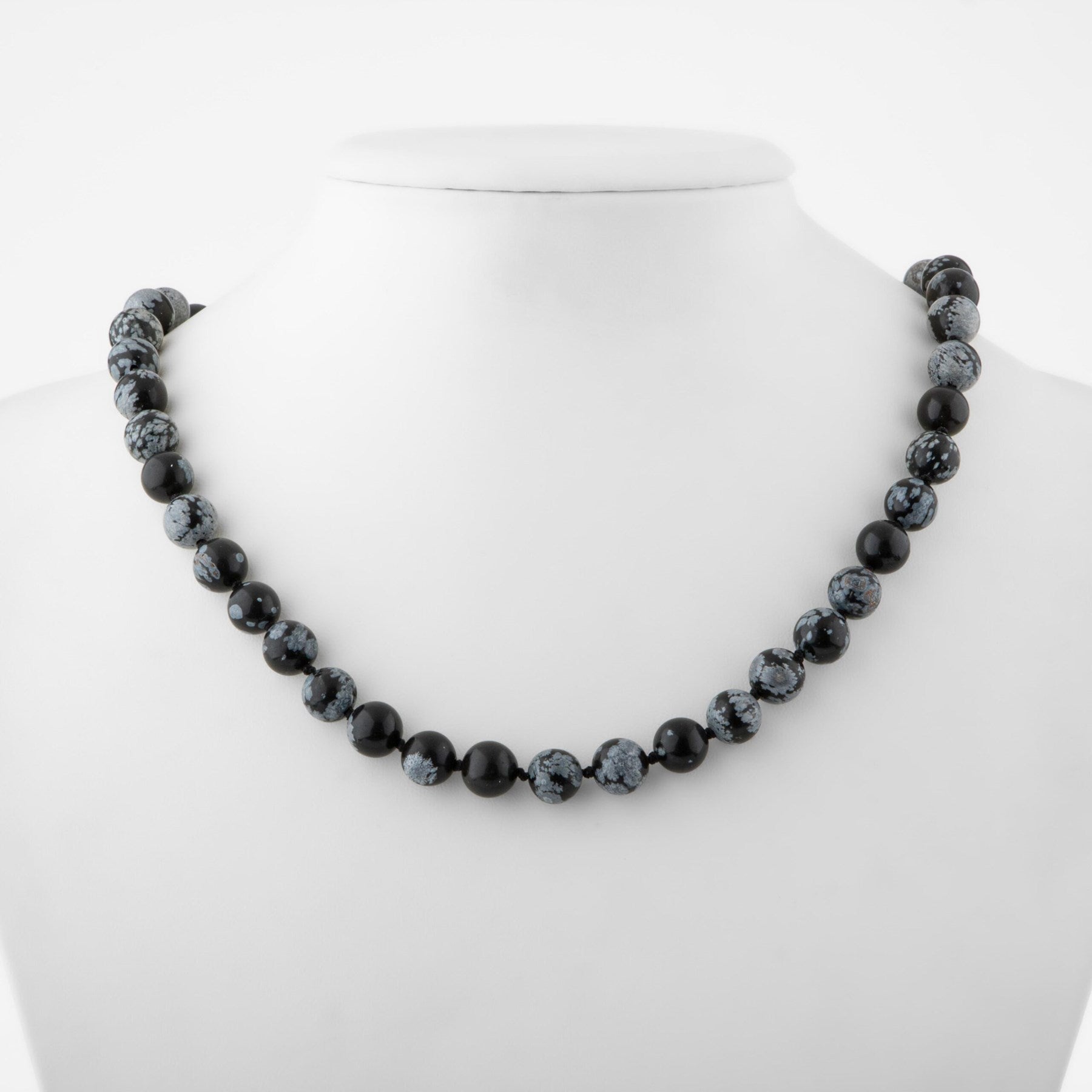 Laboratory Certified Snowflake Obsidian 8 mm Knotted Natural Stone Necklace