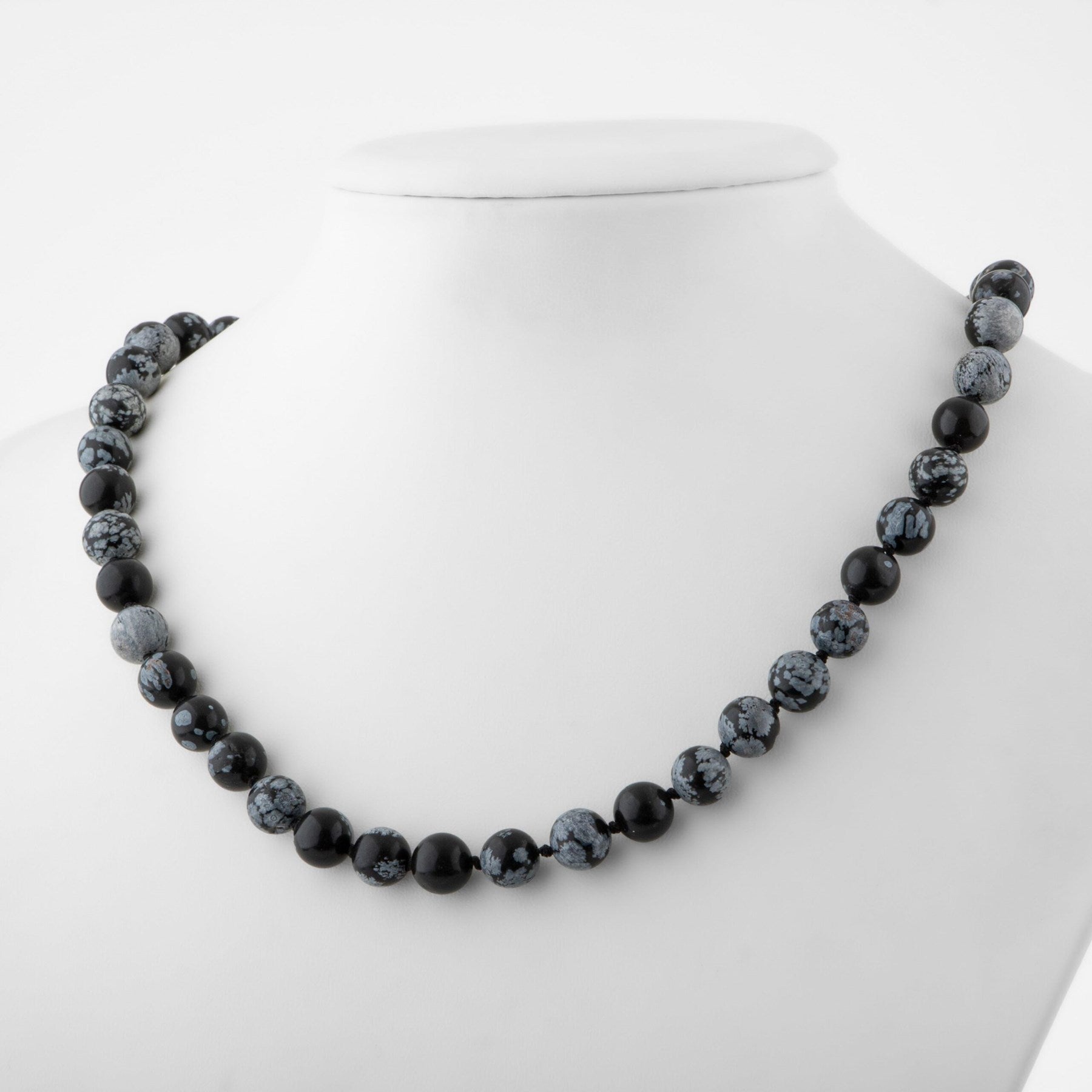 Laboratory Certified Snowflake Obsidian 8 mm Knotted Natural Stone Necklace