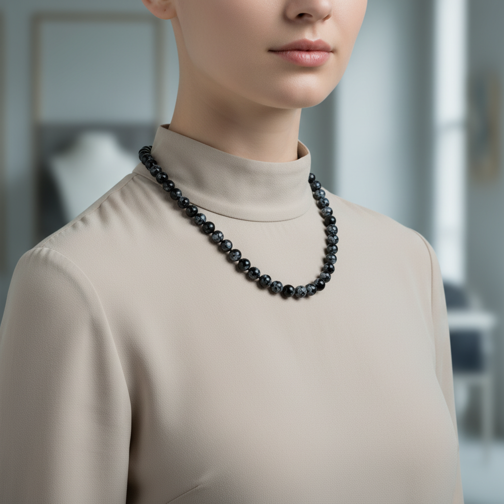 Laboratory Certified Snowflake Obsidian 8 mm Knotted Natural Stone Necklace