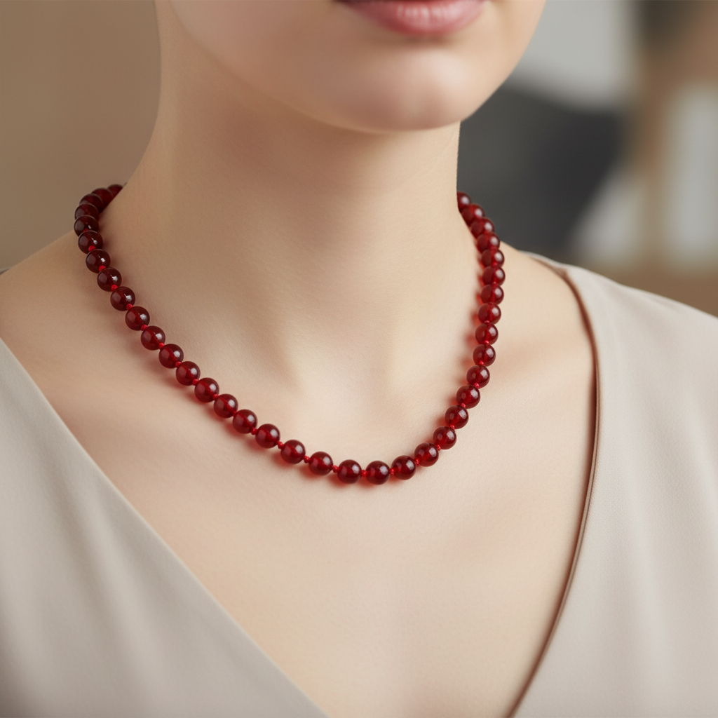 Laboratory Certified Red Agate 6 mm Knotted Natural Stone Necklace