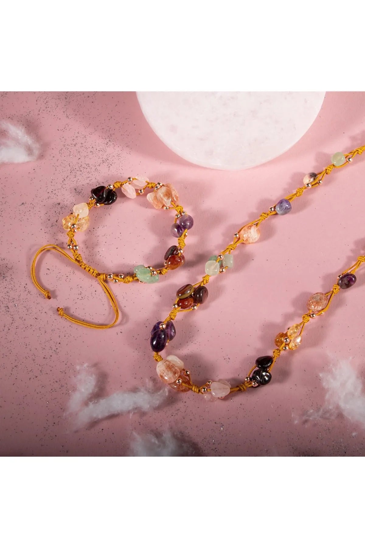 Koç Burcu Kolye Bileklik Seti Ametist, Bordo Granat Lal, Güneş Taşı, Jasper, Pembe Kuvars, Sitrin, Yeşil Aventurin