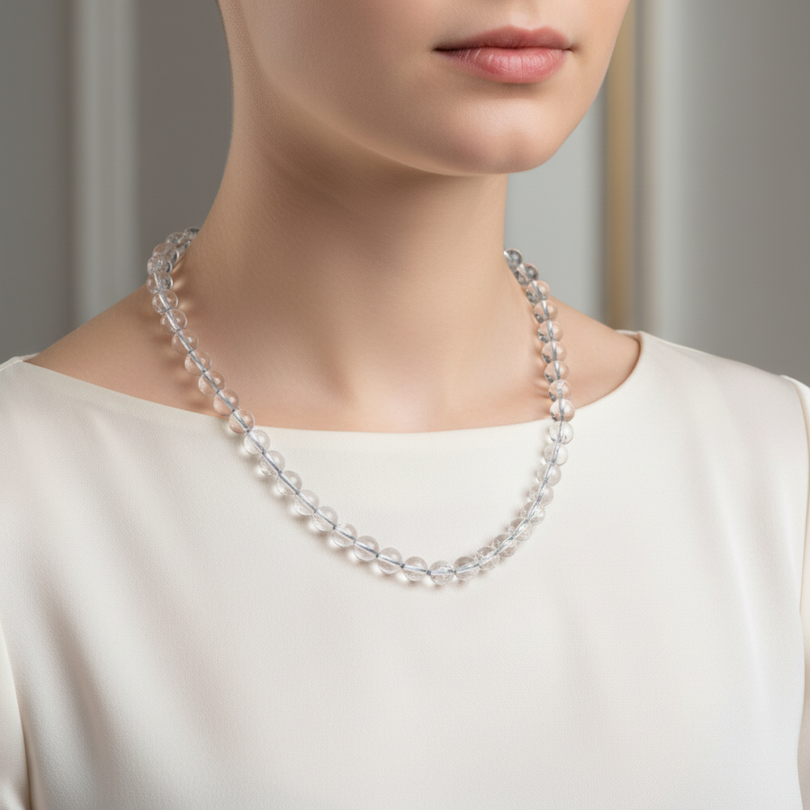Laboratory Certified Crystal Quartz 6 mm Knotted Natural Stone Necklace