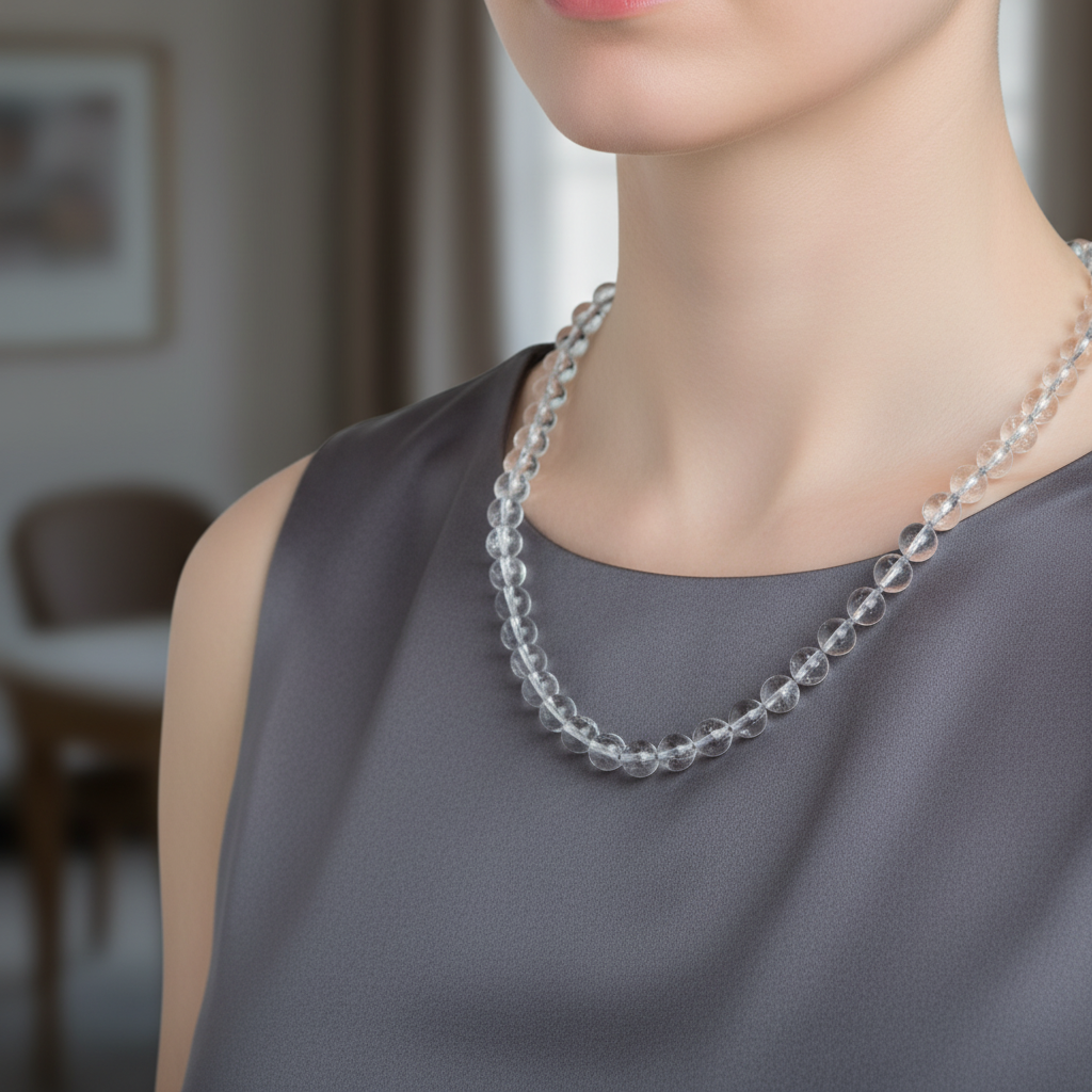 Laboratory Certified Crystal Quartz 8 mm Knotted Natural Stone Necklace