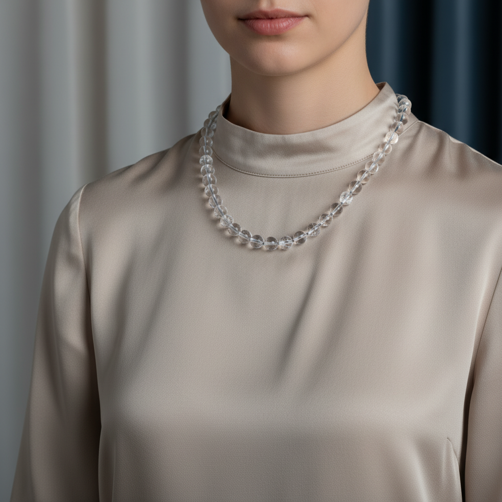 Laboratory Certified Crystal Quartz 8 mm Knotted Natural Stone Necklace