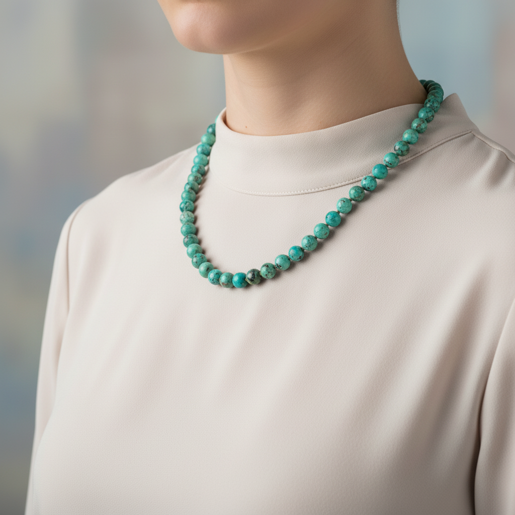 Laboratory Certified Chrysocolla 6 mm Knotted Natural Stone Necklace