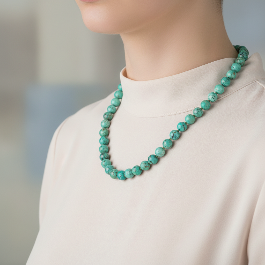 Laboratory Certified Chrysocolla 8 mm Knotted Natural Stone Necklace