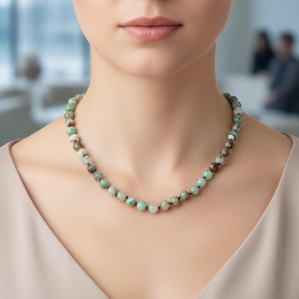 Laboratory Certified Chrysoprase 8 mm Knotted Natural Stone Necklace