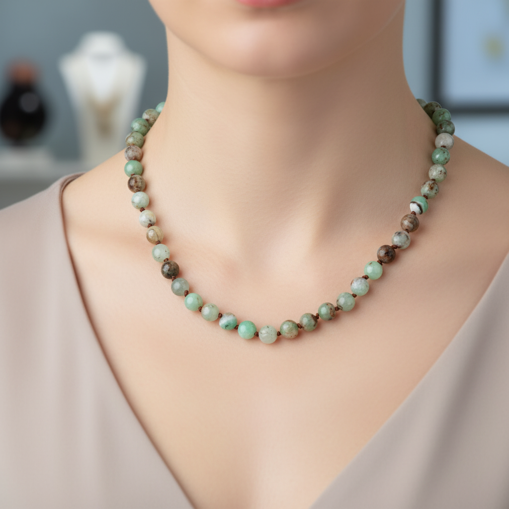 Laboratory Certified Chrysoprase 8 mm Knotted Natural Stone Necklace