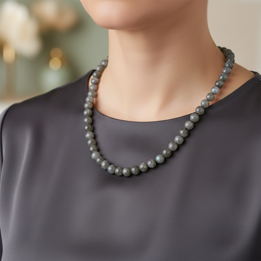 Laboratory Certified Labradorite 8 mm Knotted Natural Stone Necklace