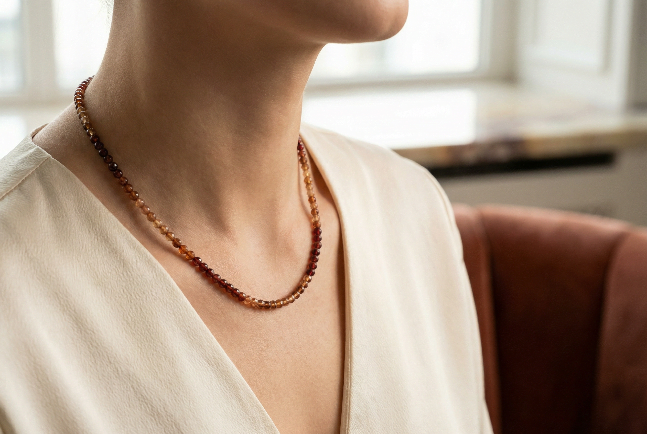 Laboratory Certified Hessonite Garnet Natural Stone Necklace 3 mm