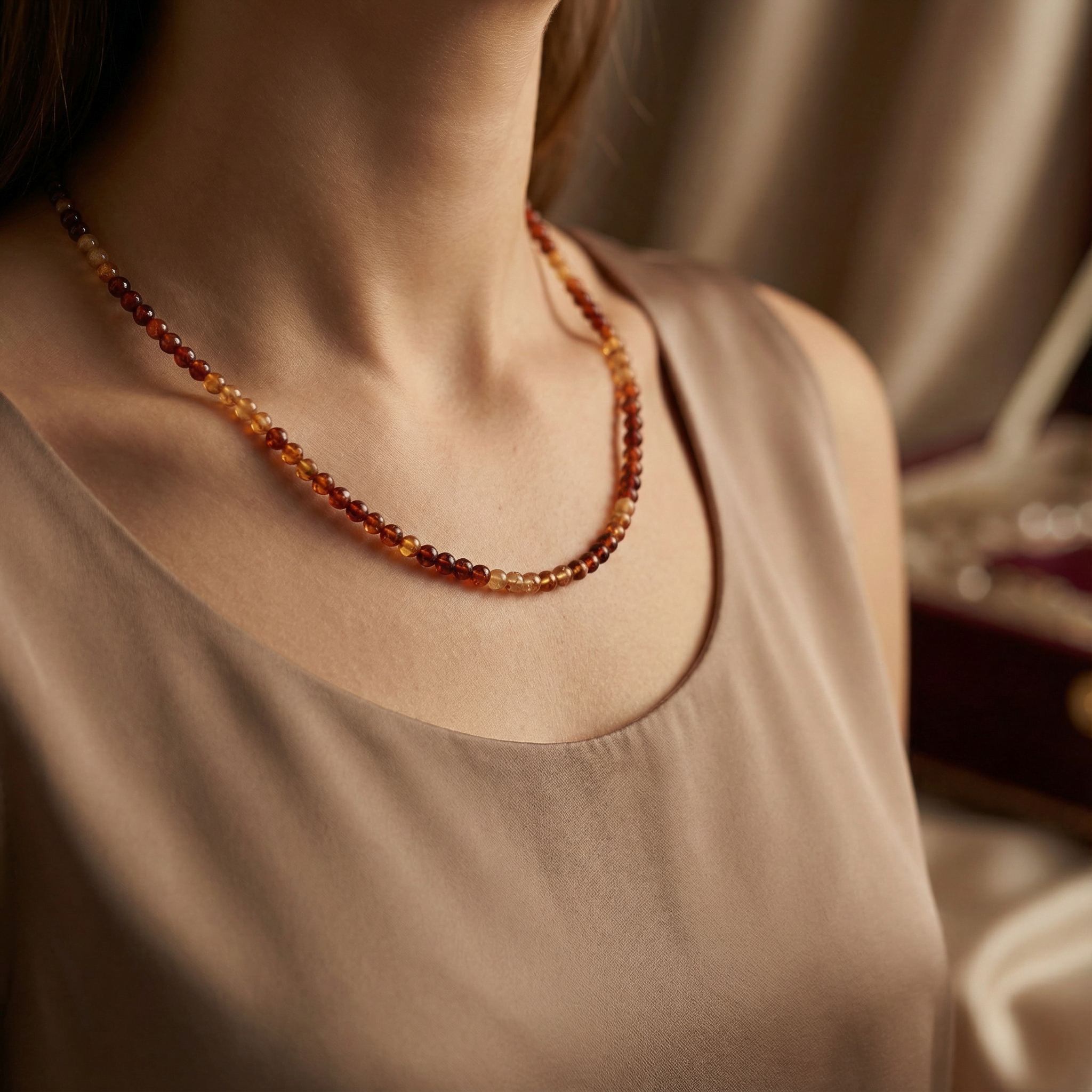 Laboratory Certified Hessonite Garnet Natural Stone Necklace 3 mm