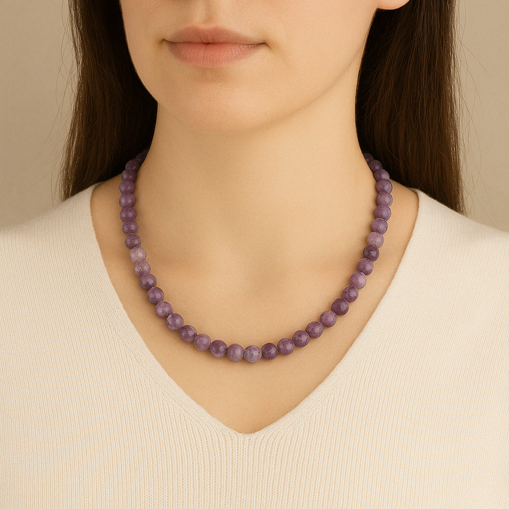 Laboratory Certified Lepidolite 8 mm Natural Stone Necklace