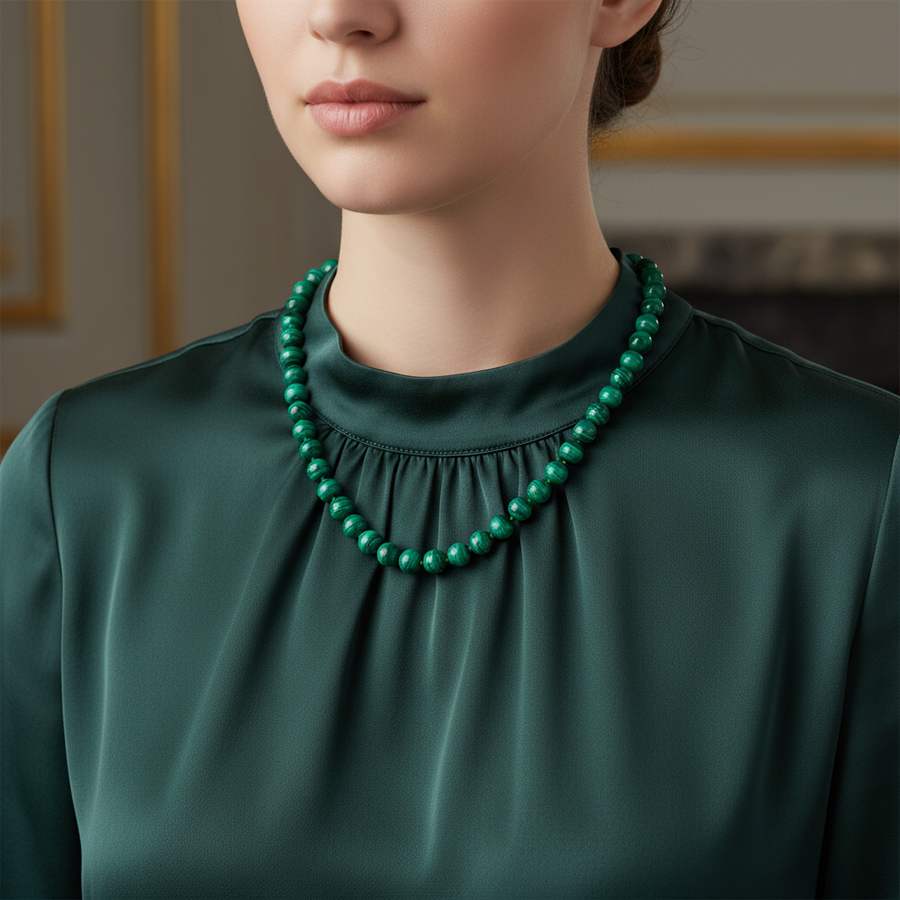 Laboratory Certified Malachite 8 mm Knotted Natural Stone Necklace