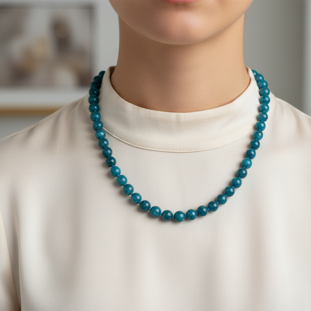 Laboratory Certified Blue Apatite 6 mm Knotted Natural Stone Necklace