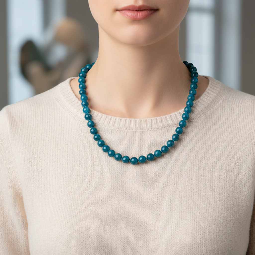 Laboratory Certified Blue Apatite 8 mm Knotted Natural Stone Necklace