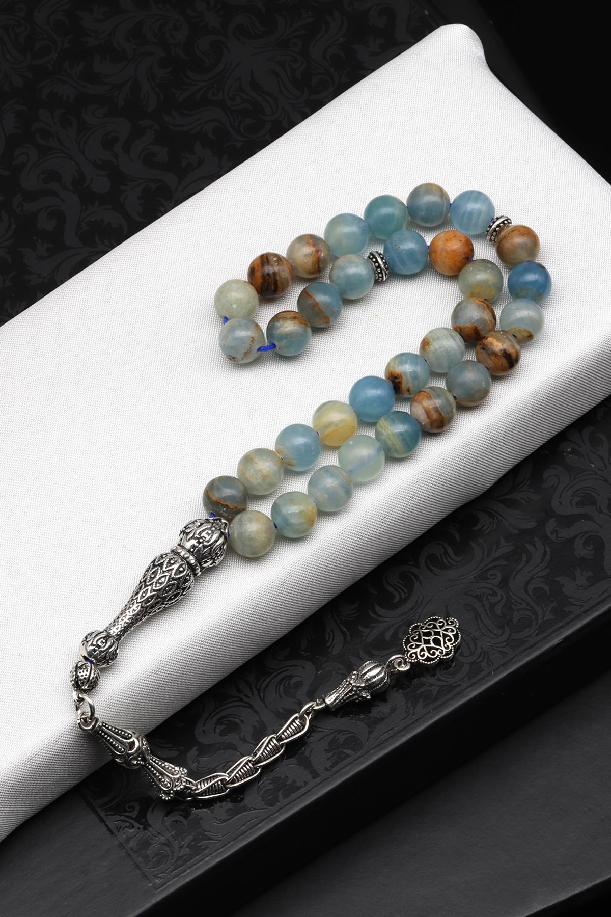 Laboratory Certified Blue Calcite Natural Stone Prayer Beads 925 Sterling Silver 8 mm Round Bead Cut (33 Beads)