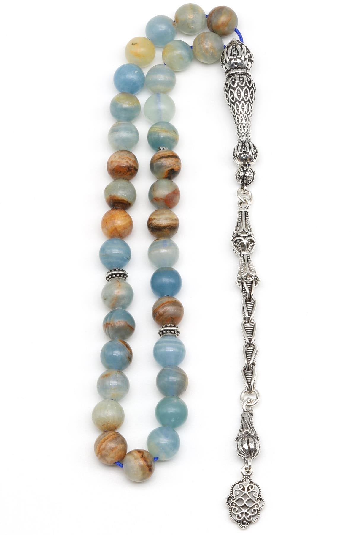 Laboratory Certified Blue Calcite Natural Stone Prayer Beads 925 Sterling Silver 8 mm Round Bead Cut (33 Beads)