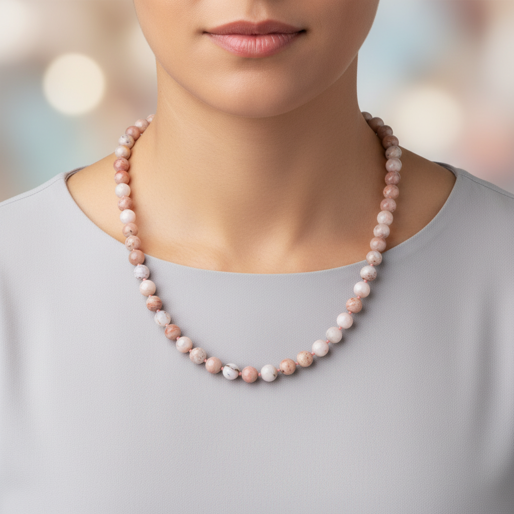 Laboratory Certified Pink Opal 8 mm Knotted Natural Stone Necklace