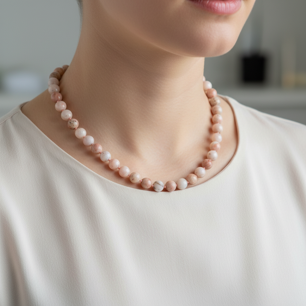 Laboratory Certified Pink Opal 8 mm Knotted Natural Stone Necklace