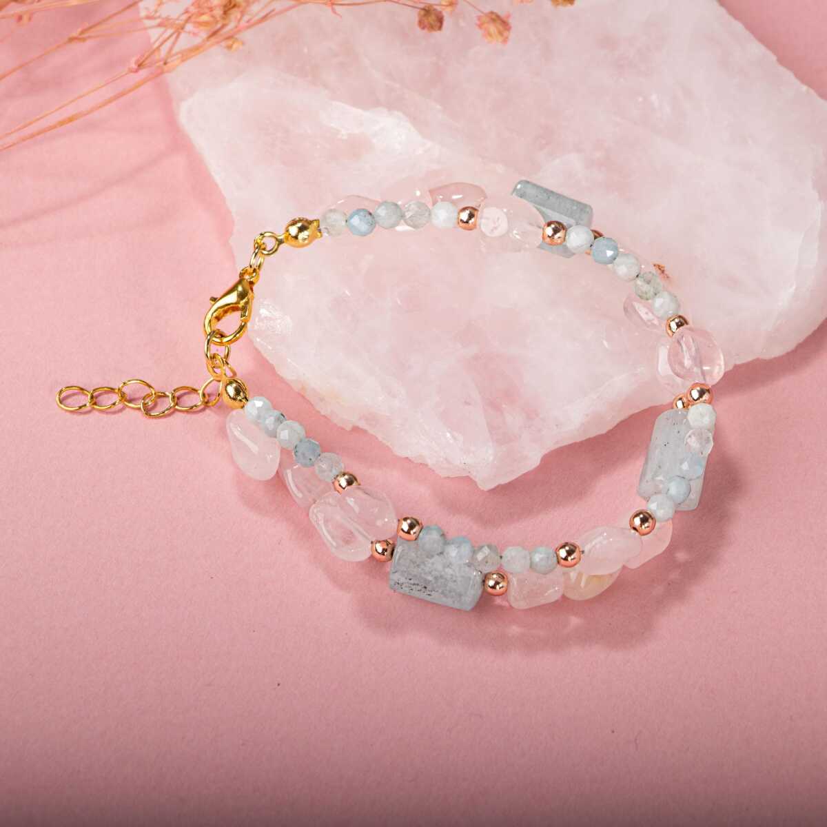 Laboratory Certified Rose Quartz & Aquamarine Natural Stone Bracelet