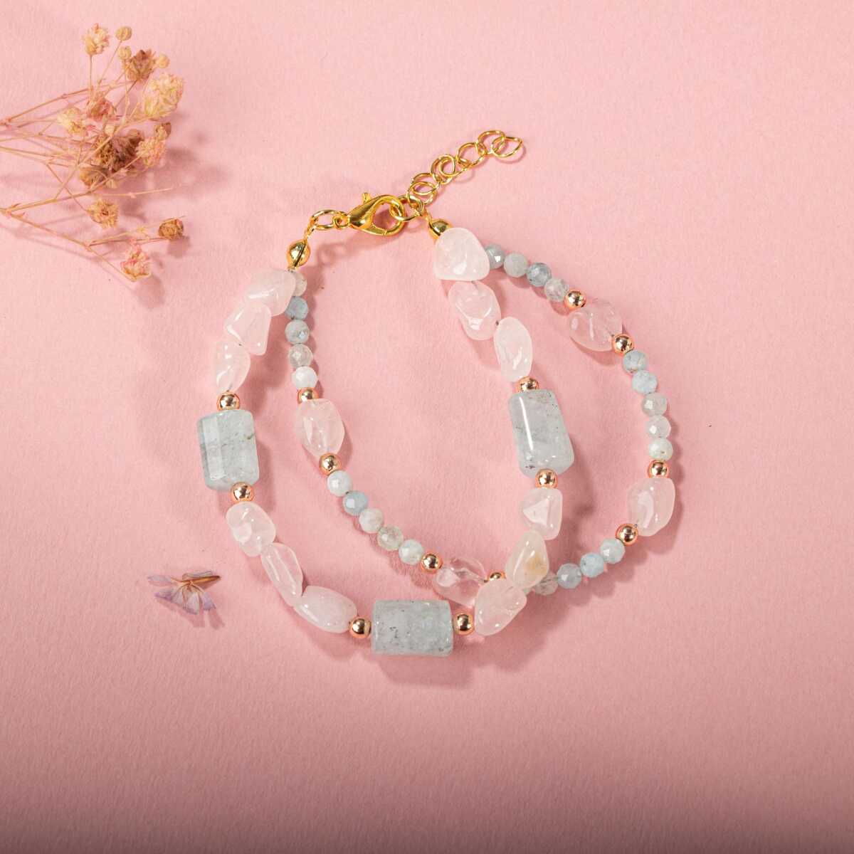 Laboratory Certified Rose Quartz & Aquamarine Natural Stone Bracelet