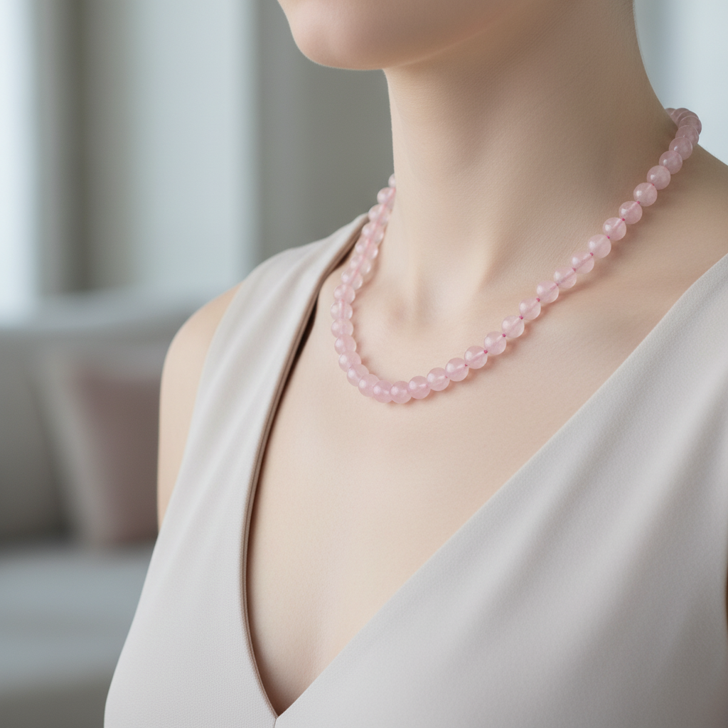 Laboratory Certified Rose Quartz (Pink Quartz) 6 mm Knotted Natural Stone Necklace