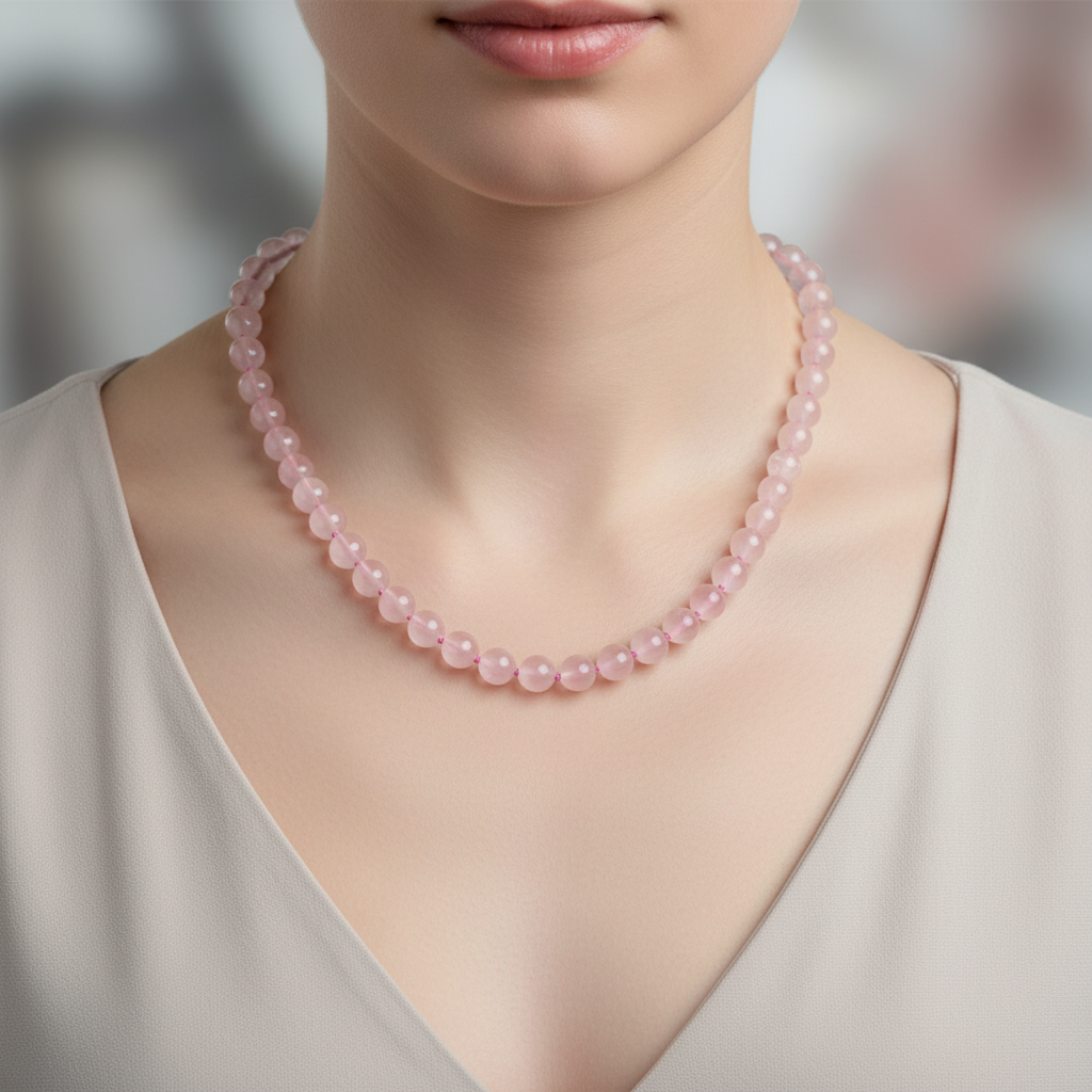 Laboratory Certified Rose Quartz (Pink Quartz) 6 mm Knotted Natural Stone Necklace