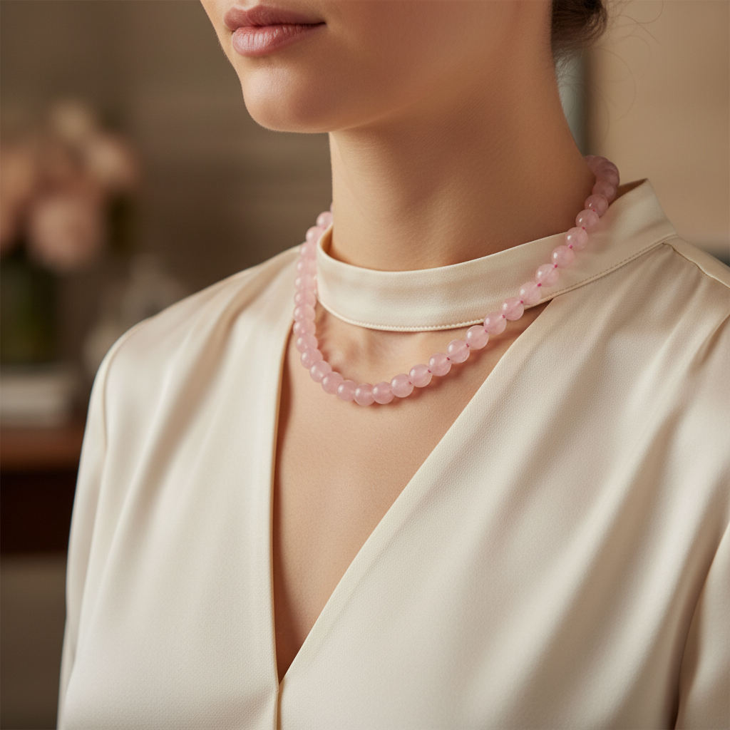 Laboratory Certified Rose Quartz (Pink Quartz) 8 mm Knotted Natural Stone Necklace