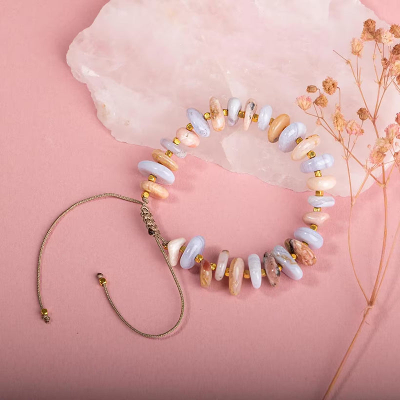 Laboratory Certified Pink Opal & Blue Agate Natural Stone Bracelet – Gold Plated