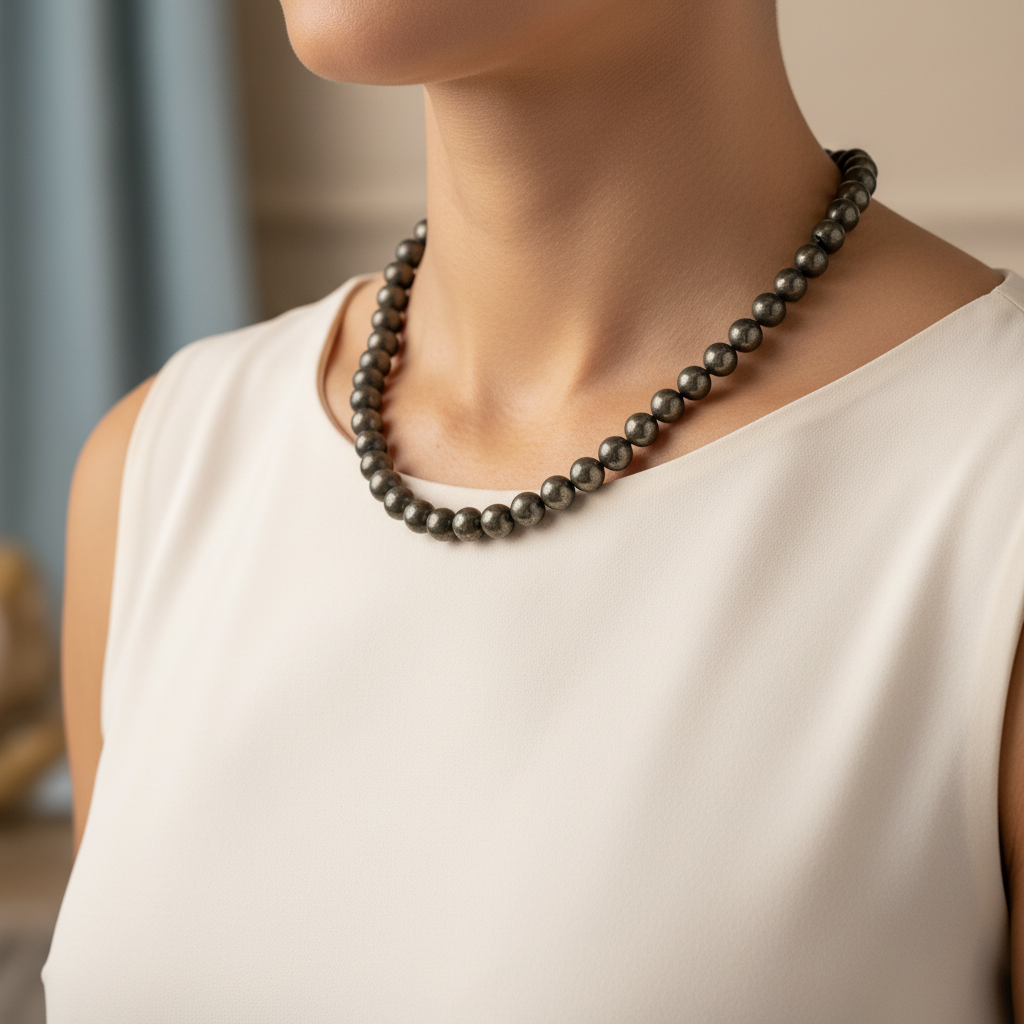 Laboratory Certified Pyrite 8 mm Knotted Natural Stone Necklace