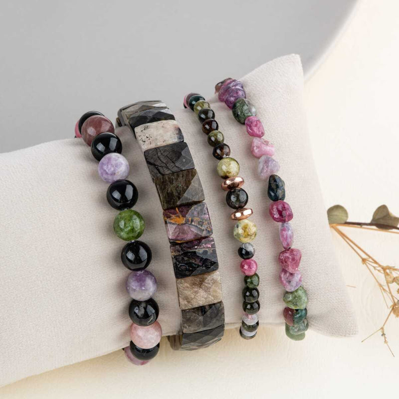 Laboratory Certified Multicolor Tourmaline Natural Stone Bracelet Set