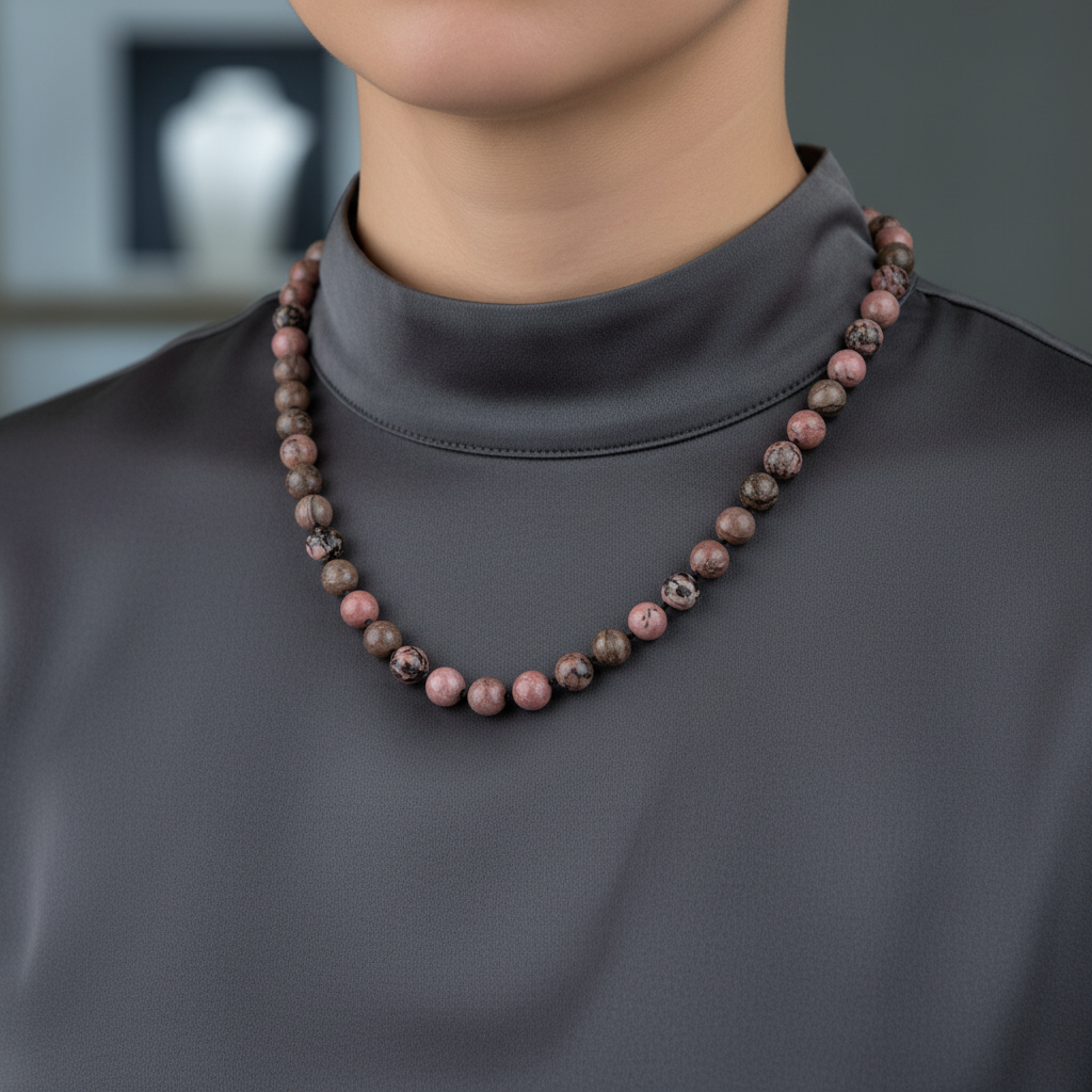 Laboratory Certified Rhodonite 8 mm Knotted Natural Stone Necklace