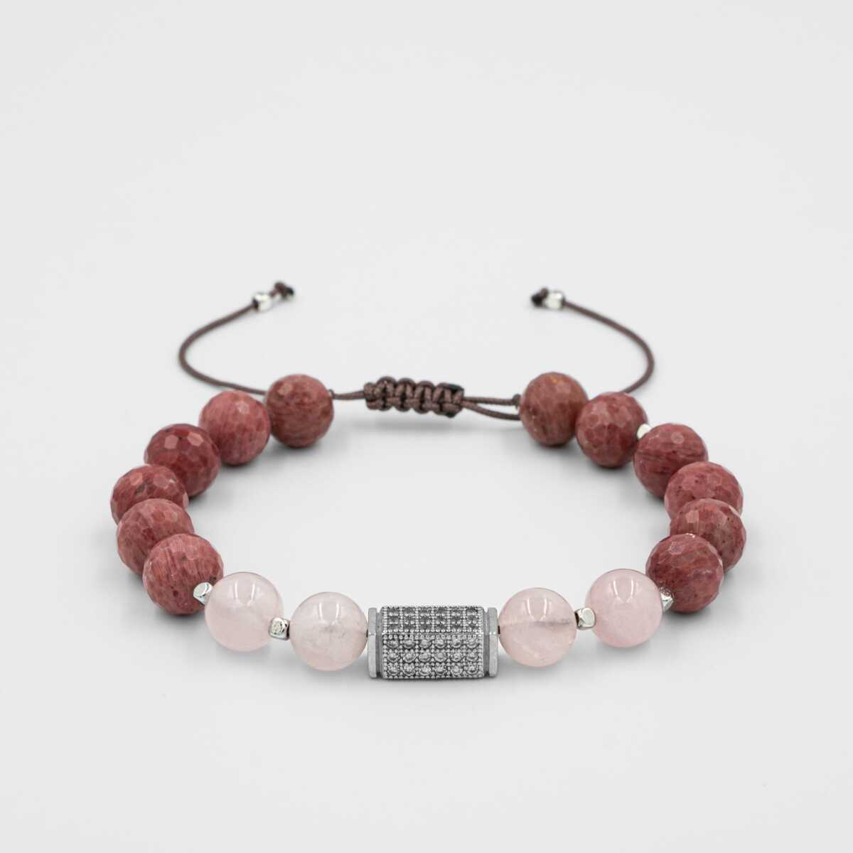 Laboratory Certified Rhodonite & Rose Quartz Natural Stone Bracelet with Zircon Accents