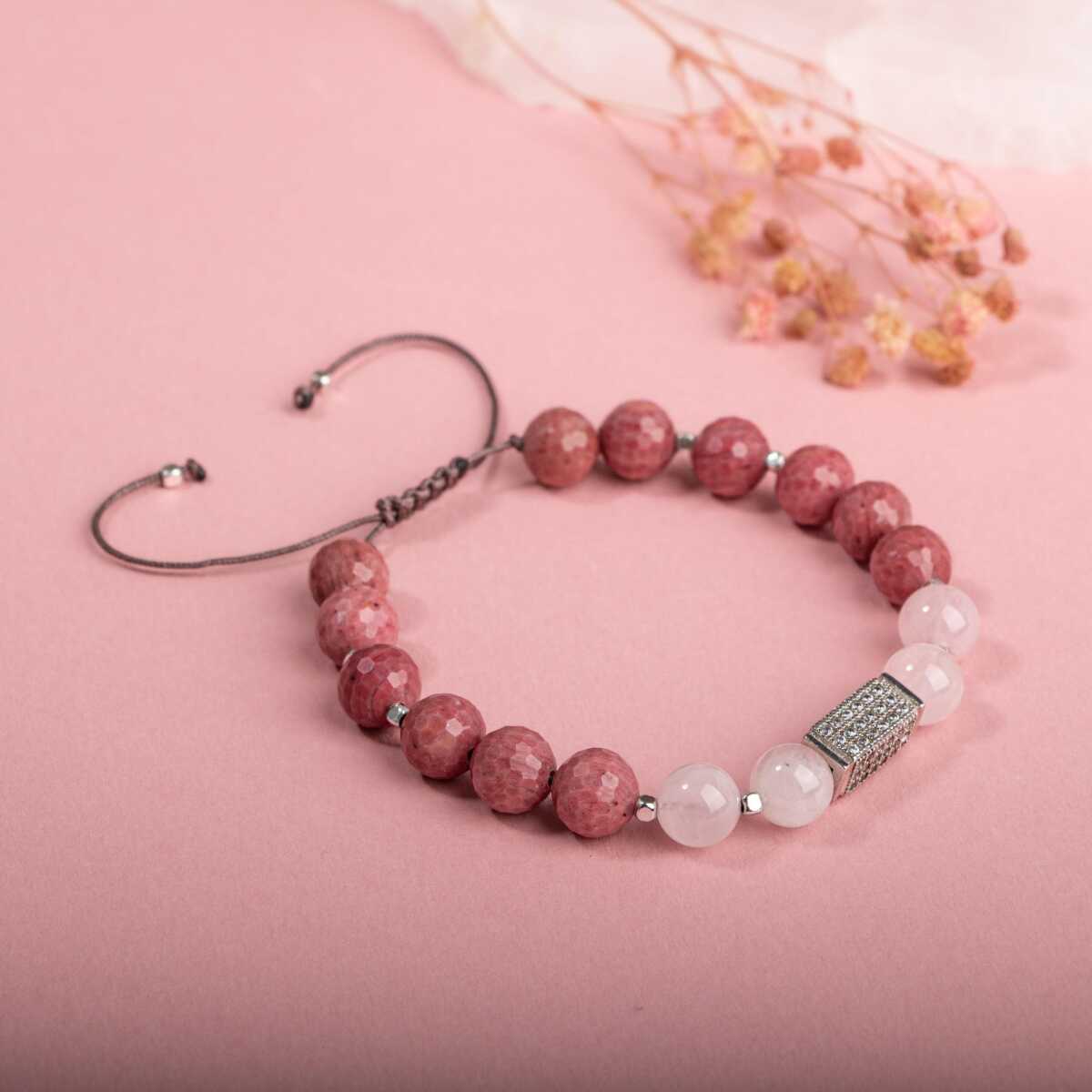 Laboratory Certified Rhodonite & Rose Quartz Natural Stone Bracelet with Zircon Accents