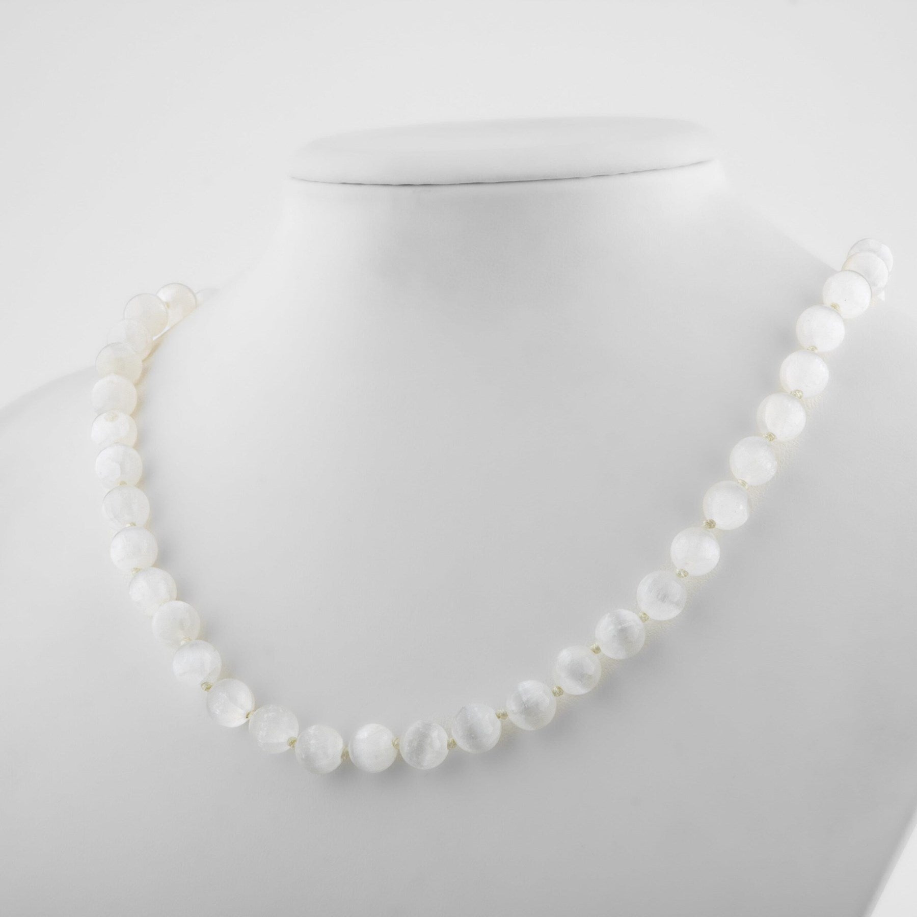 Laboratory Certified Selenite 8 mm Knotted Natural Stone Necklace