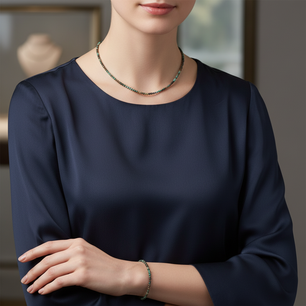 Laboratory Certified African Turquoise Natural Stone Necklace & Bracelet Set 3–4 mm