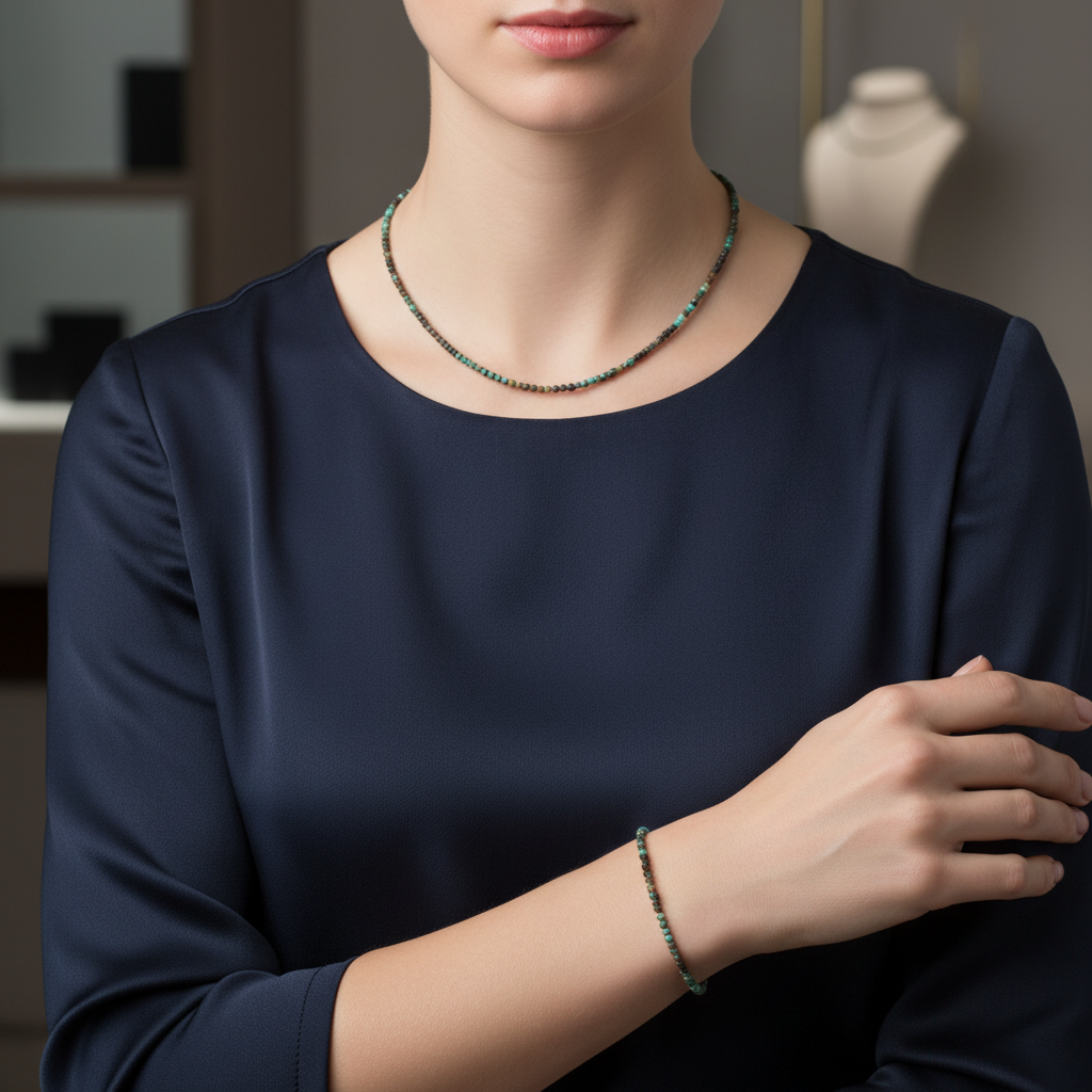 Laboratory Certified African Turquoise Natural Stone Necklace & Bracelet Set 3–4 mm