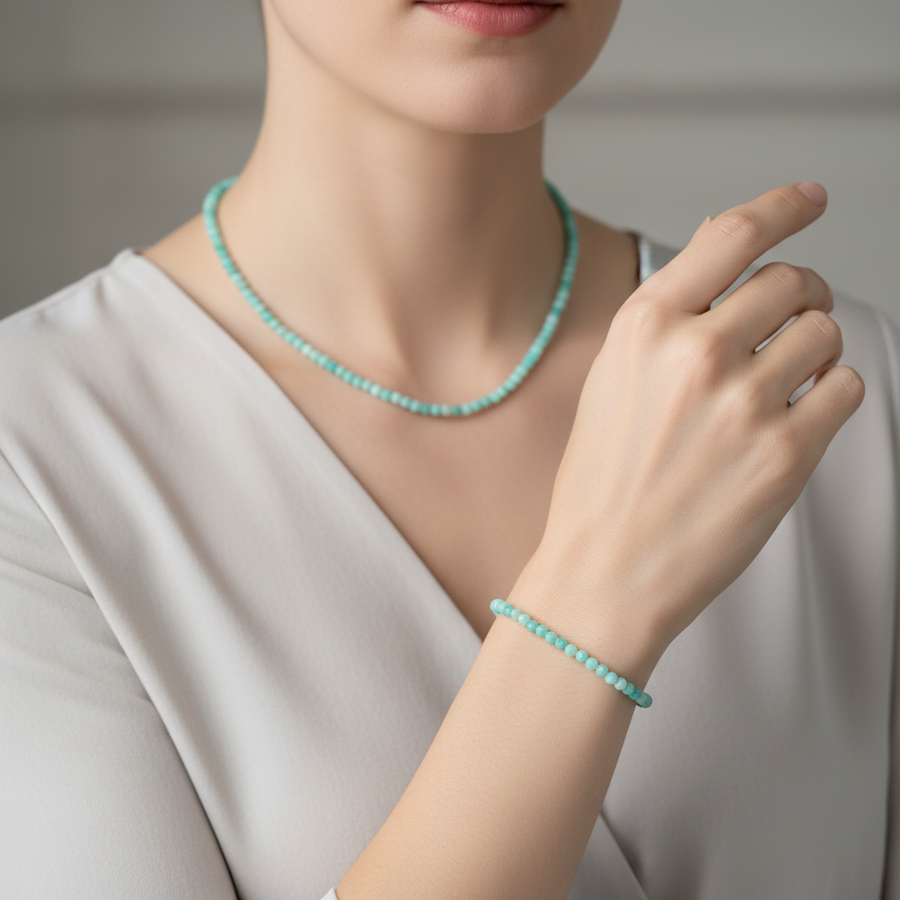 Laboratory Certified Amazonite Natural Stone Necklace & Bracelet Set 4 mm