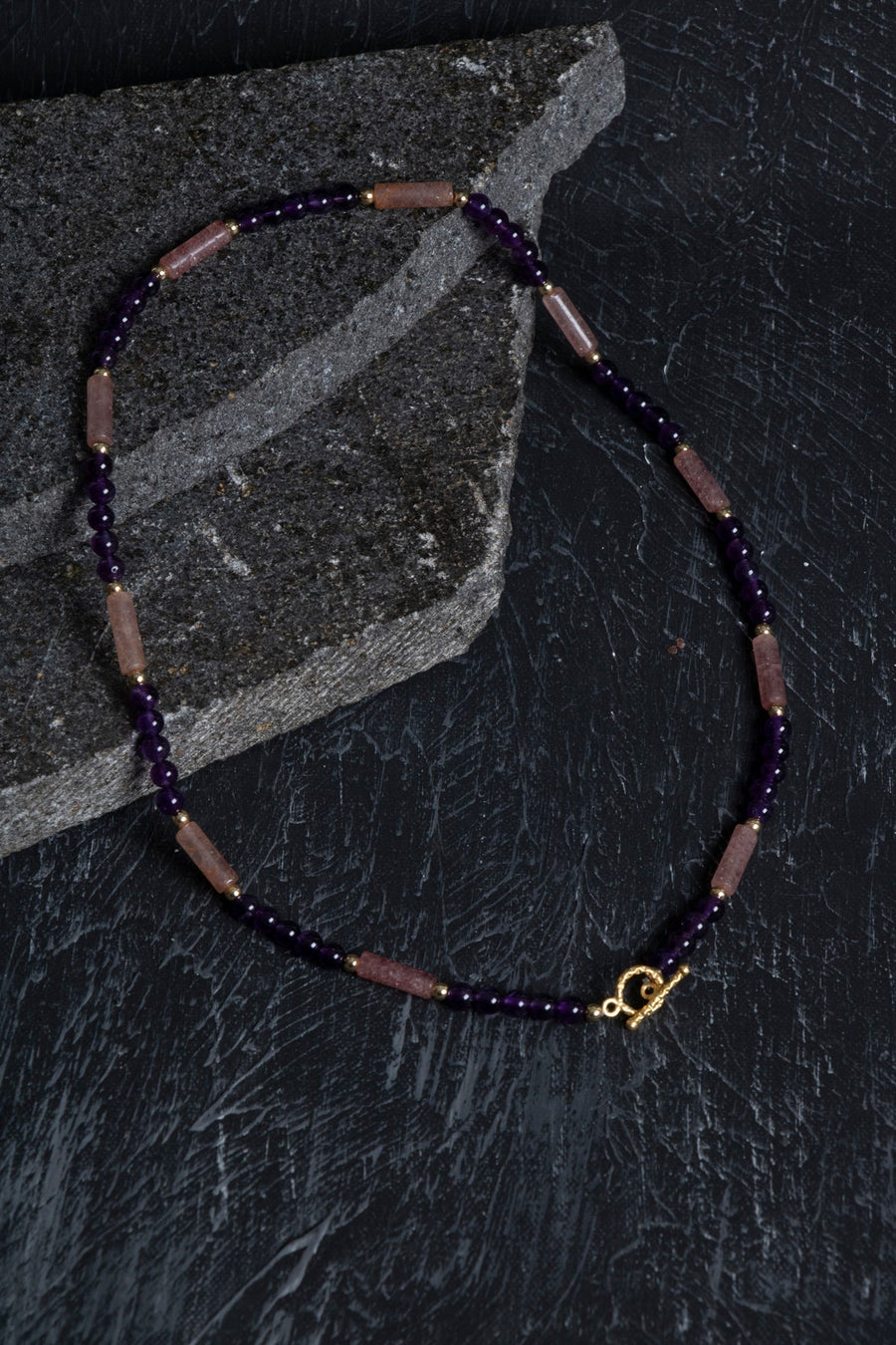 Laboratory Certified Amethyst and Strawberry Quartz Natural Stone Necklace – Silver Clasp