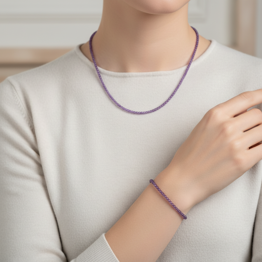 Laboratory Certified Amethyst Natural Stone Necklace & Bracelet Set 4 mm