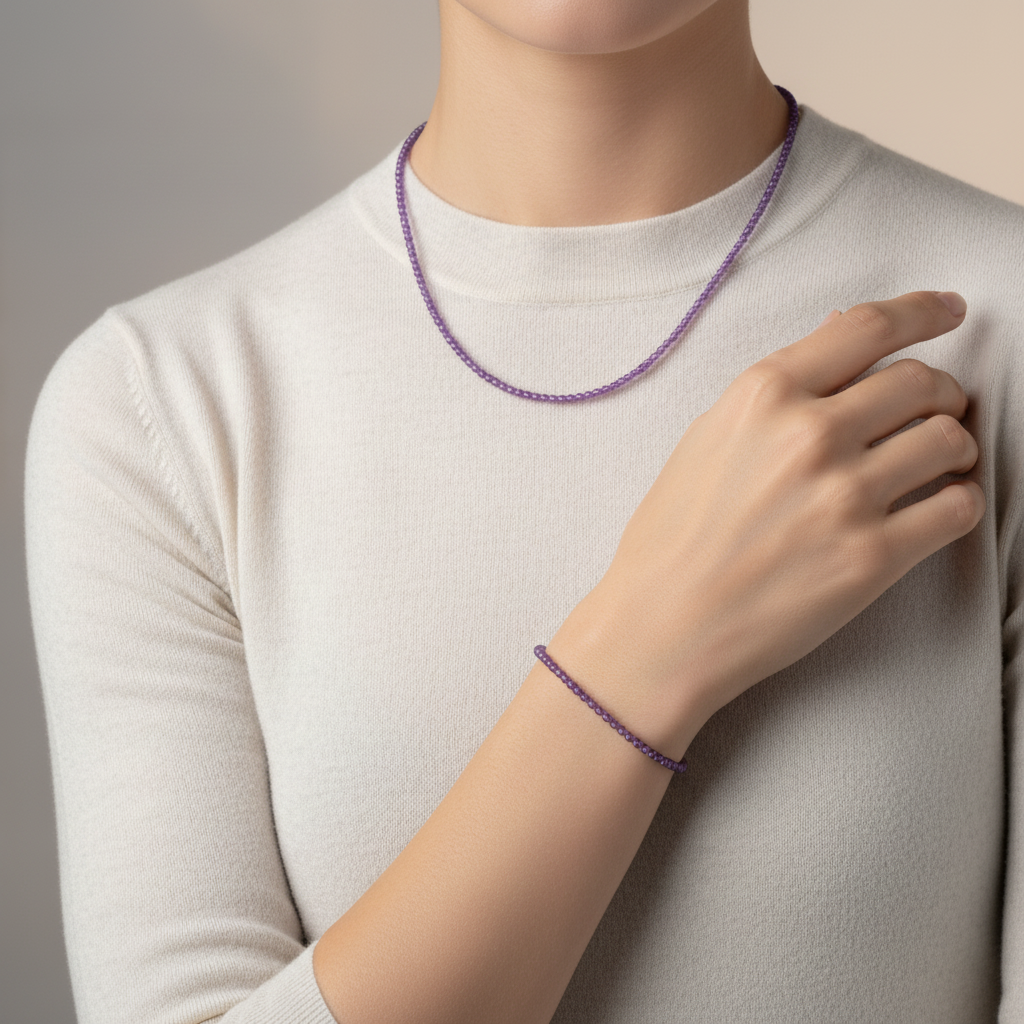 Laboratory Certified Amethyst Natural Stone Necklace & Bracelet Set 4 mm