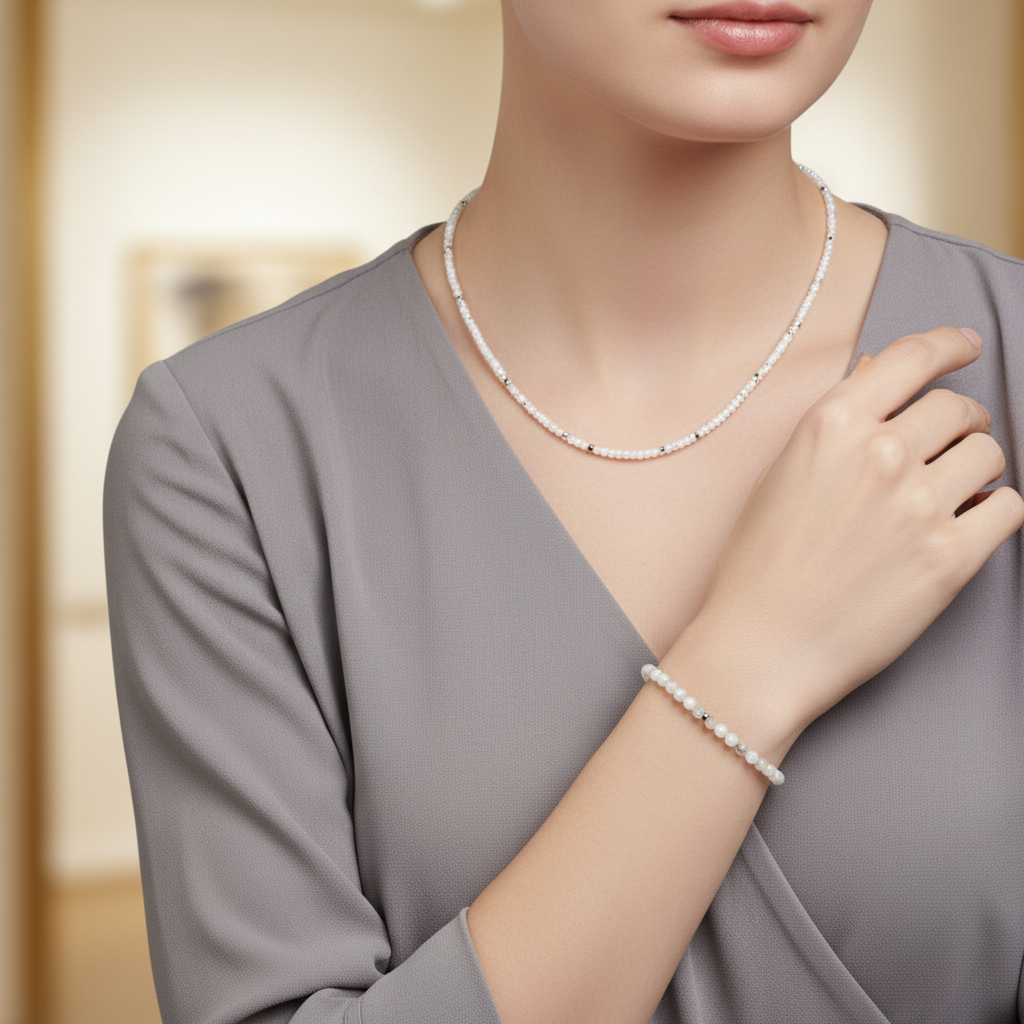 Laboratory Certified Moonstone Natural Stone Necklace & Bracelet Set 3–4 mm