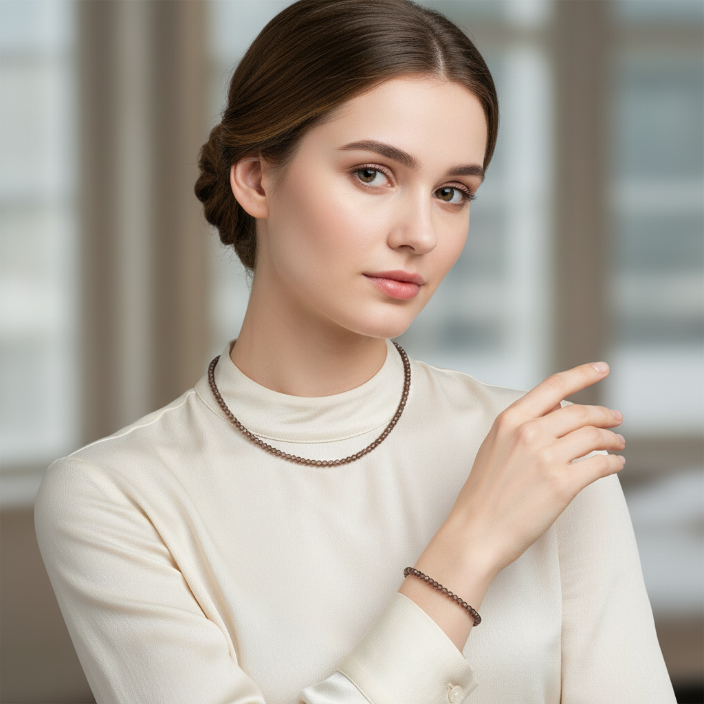 Laboratory Certified Smoky Quartz Natural Stone Necklace & Bracelet Set 3–4 mm